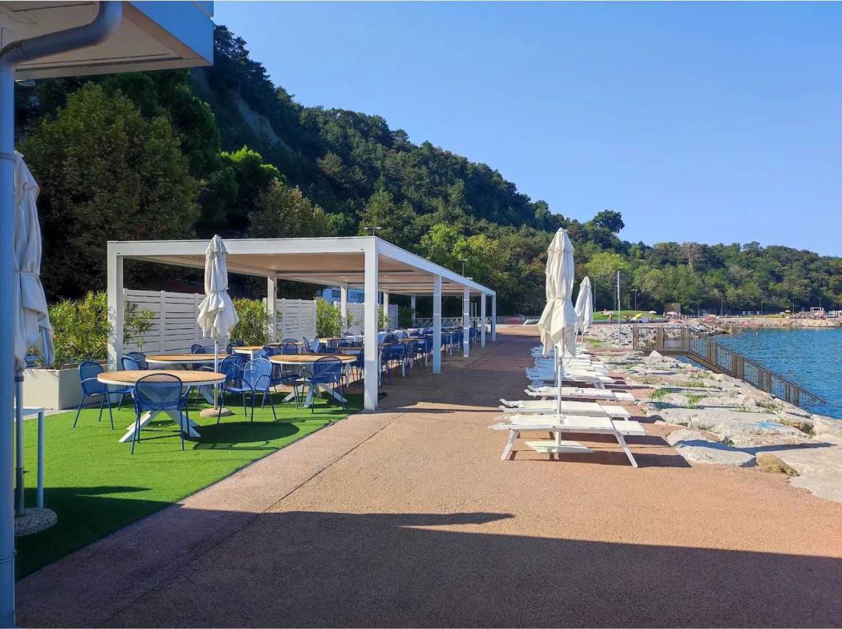 gepflasterter Weg, Liegestühle mit Sonnenschirmen, Tische und Stühle auf den Rasenflächen