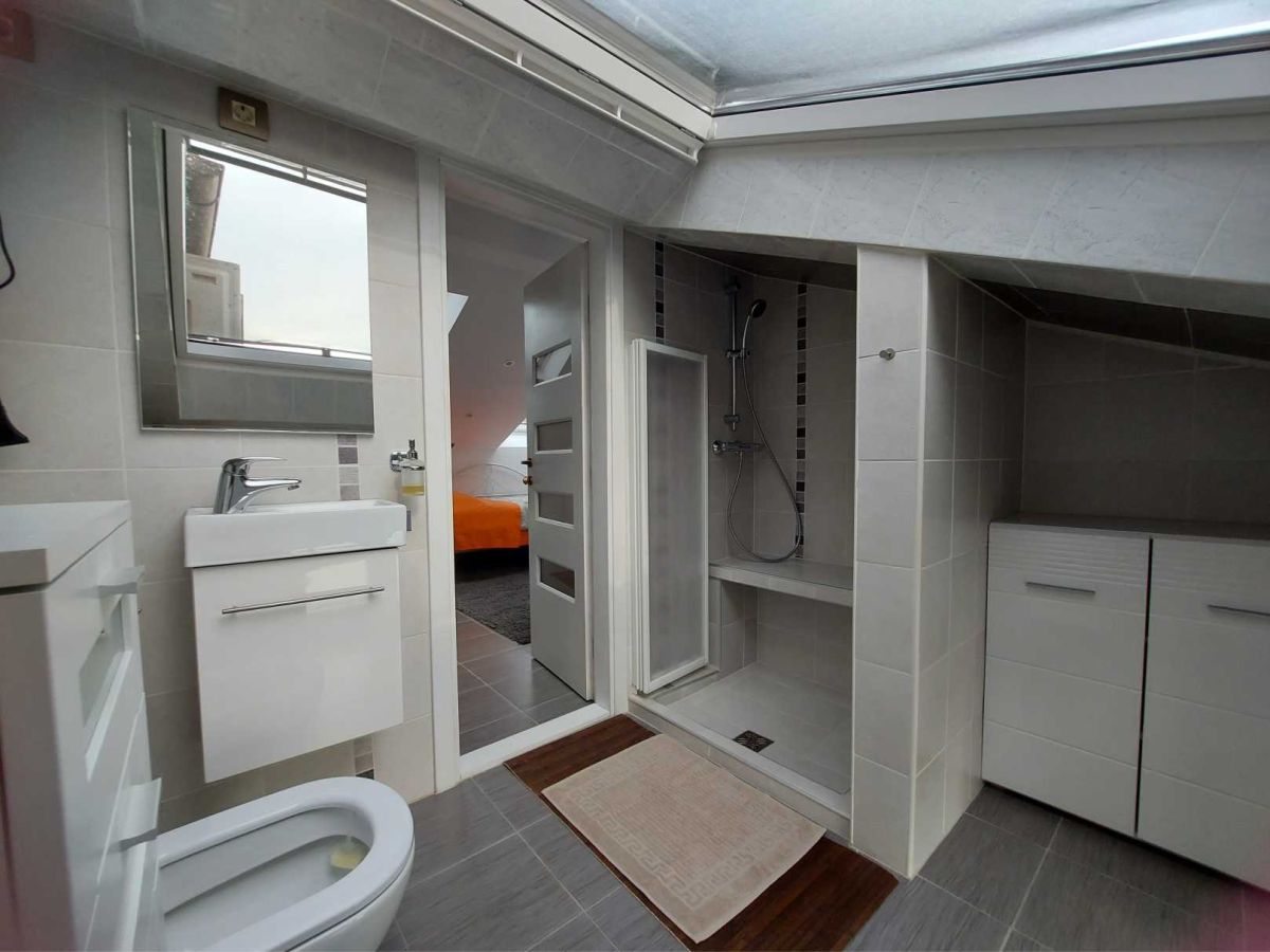 Badezimmer mit Dusche, Waschbecken mit Spiegel, Schrank, Teppichboden, Tür, Dachfenster